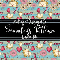 Cupid & Love Letters Seamless Pattern – Envelopes, Florals, Balloons & Bows on Cream Background for Fabric, Vinyl & Sublimation McKnight Designs & Co Seamless Pattern File Blue
