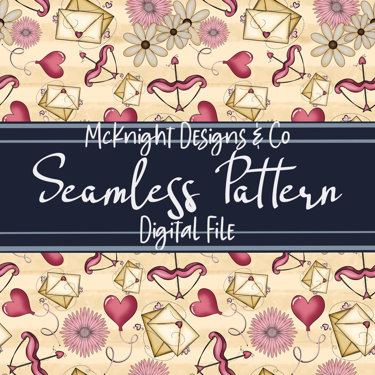 Cupid & Love Letters Seamless Pattern – Envelopes, Florals, Balloons & Bows on Cream Background for Fabric, Vinyl & Sublimation McKnight Designs & Co Seamless Pattern File Cream