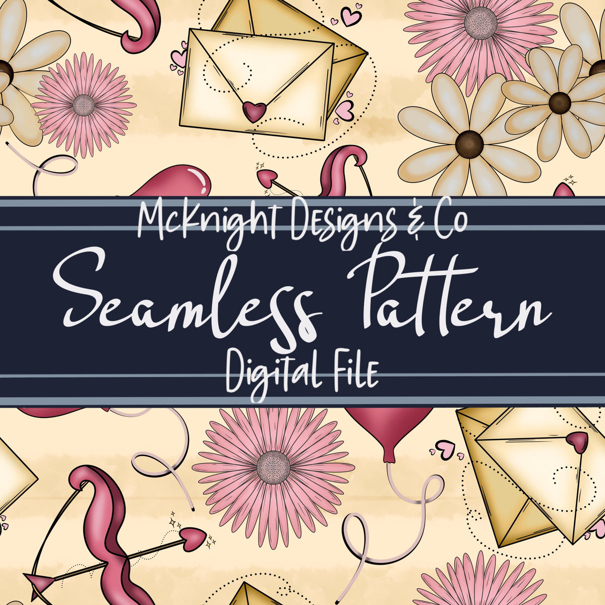 Cupid & Love Letters Seamless Pattern – Envelopes, Florals, Balloons & Bows on Cream Background for Fabric, Vinyl & Sublimation McKnight Designs & Co Seamless Pattern File