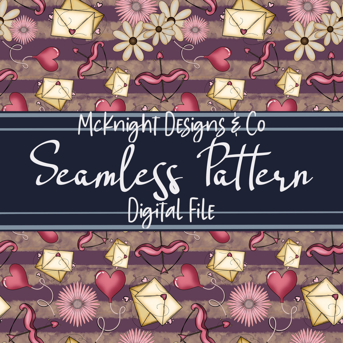 Cupid & Love Letters Seamless Pattern – Envelopes, Florals, Balloons & Bows on Cream Background for Fabric, Vinyl & Sublimation McKnight Designs & Co Seamless Pattern File Purple