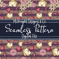 Cupid & Love Letters Seamless Pattern – Envelopes, Florals, Balloons & Bows on Cream Background for Fabric, Vinyl & Sublimation McKnight Designs & Co Seamless Pattern File Purple