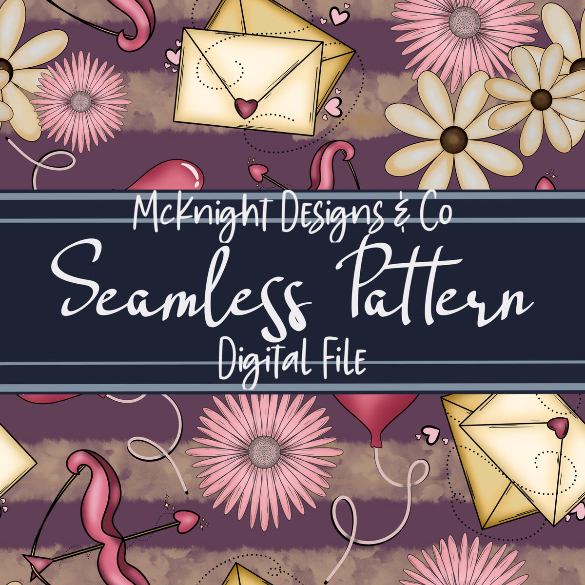 Cupid & Love Letters Seamless Pattern – Envelopes, Florals, Balloons & Bows on Cream Background for Fabric, Vinyl & Sublimation McKnight Designs & Co Seamless Pattern File