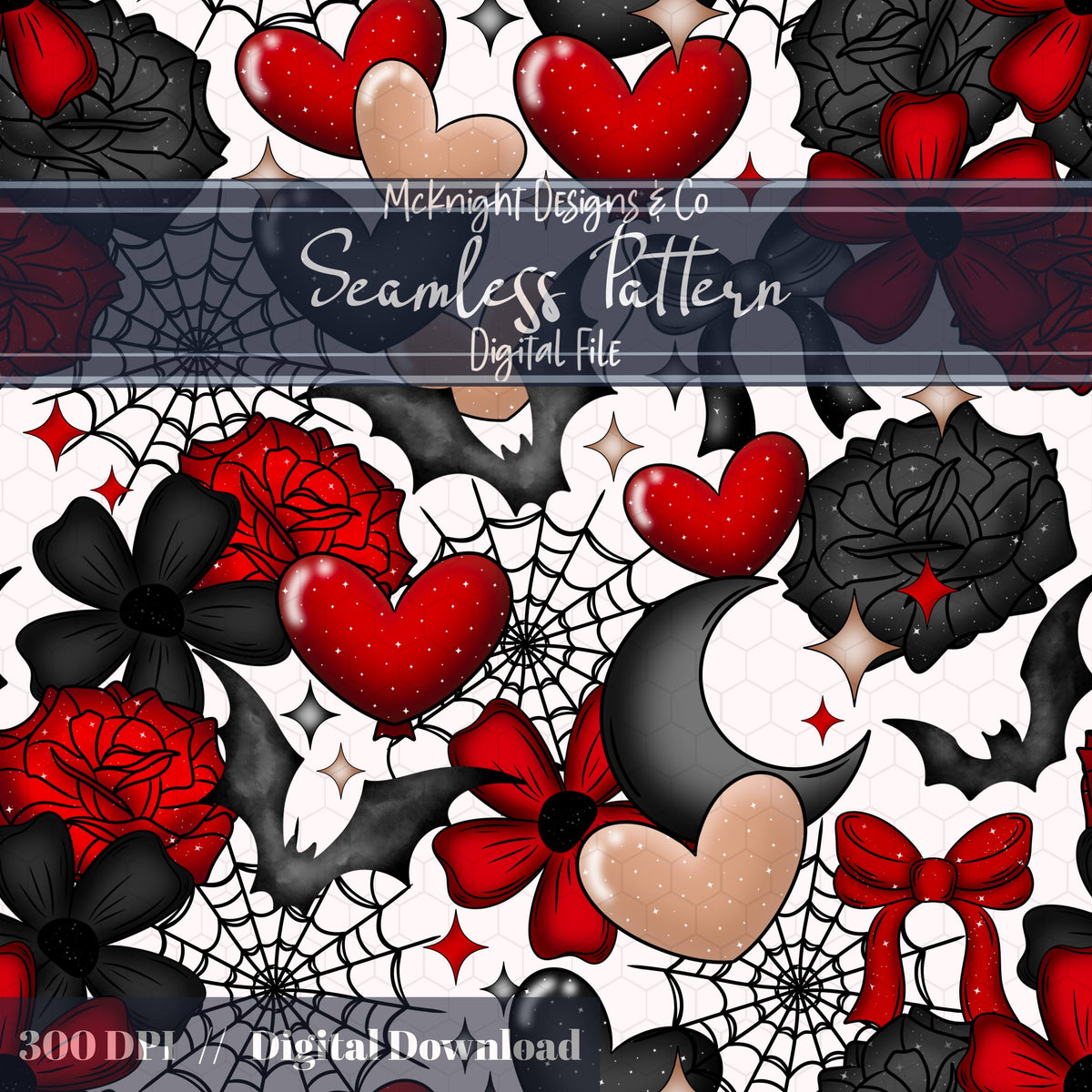 Dark Spooky Romance Seamless Pattern – Goth Coquette Hearts, Bats & Webs McKnight Designs & Co Seamless Pattern File
