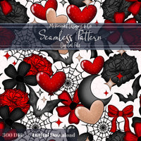 Dark Spooky Romance Seamless Pattern – Goth Coquette Hearts, Bats & Webs McKnight Designs & Co Seamless Pattern File
