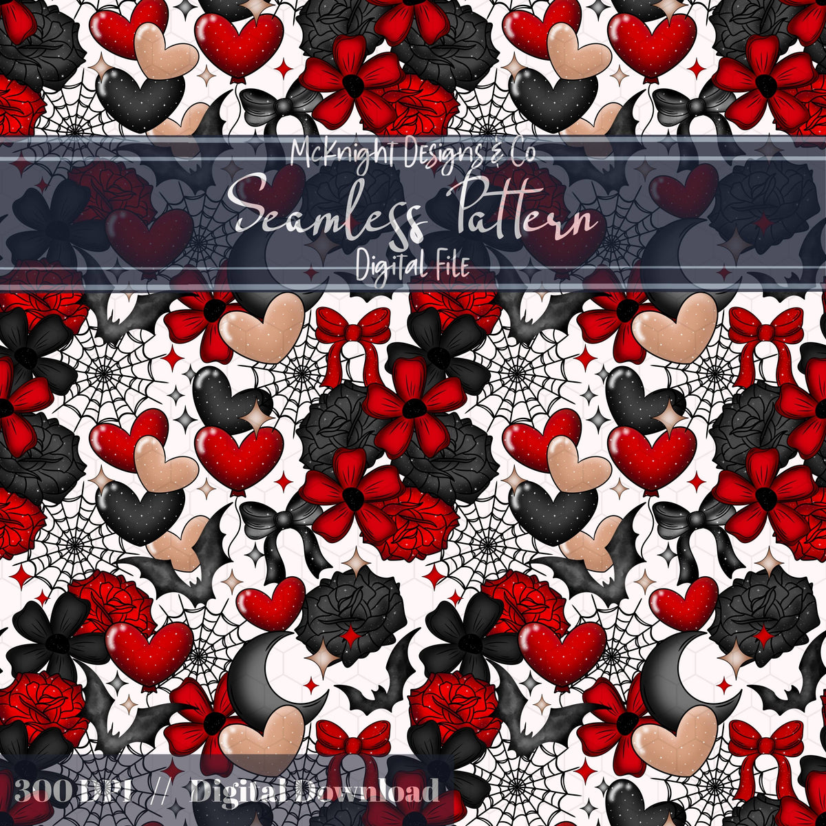 Dark Spooky Romance Seamless Pattern – Goth Coquette Hearts, Bats & Webs McKnight Designs & Co Seamless Pattern File