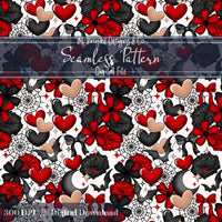 Dark Spooky Romance Seamless Pattern – Goth Coquette Hearts, Bats & Webs McKnight Designs & Co Seamless Pattern File