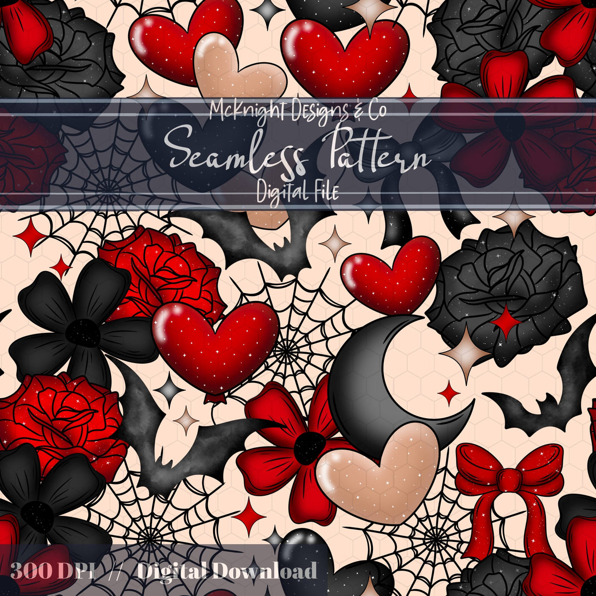 Dark Spooky Romance Seamless Pattern – Goth Coquette Hearts, Bats & Webs McKnight Designs & Co Seamless Pattern File