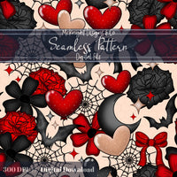 Dark Spooky Romance Seamless Pattern – Goth Coquette Hearts, Bats & Webs McKnight Designs & Co Seamless Pattern File