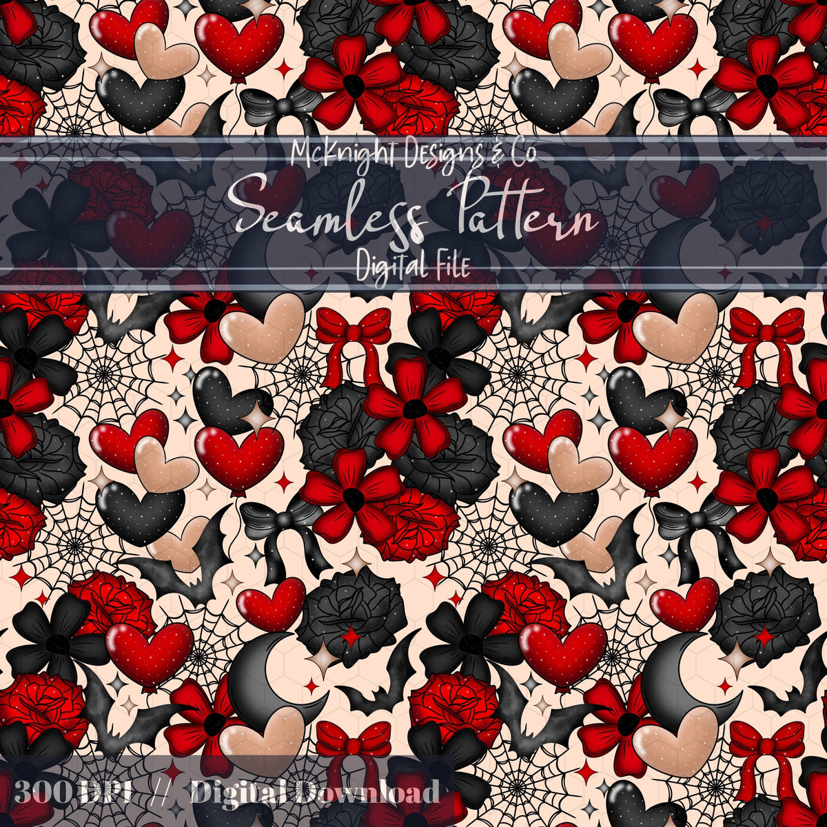 Dark Spooky Romance Seamless Pattern – Goth Coquette Hearts, Bats & Webs McKnight Designs & Co Seamless Pattern File