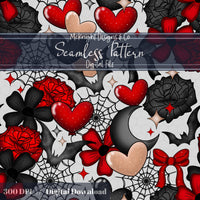 Dark Spooky Romance Seamless Pattern – Goth Coquette Hearts, Bats & Webs McKnight Designs & Co Seamless Pattern File