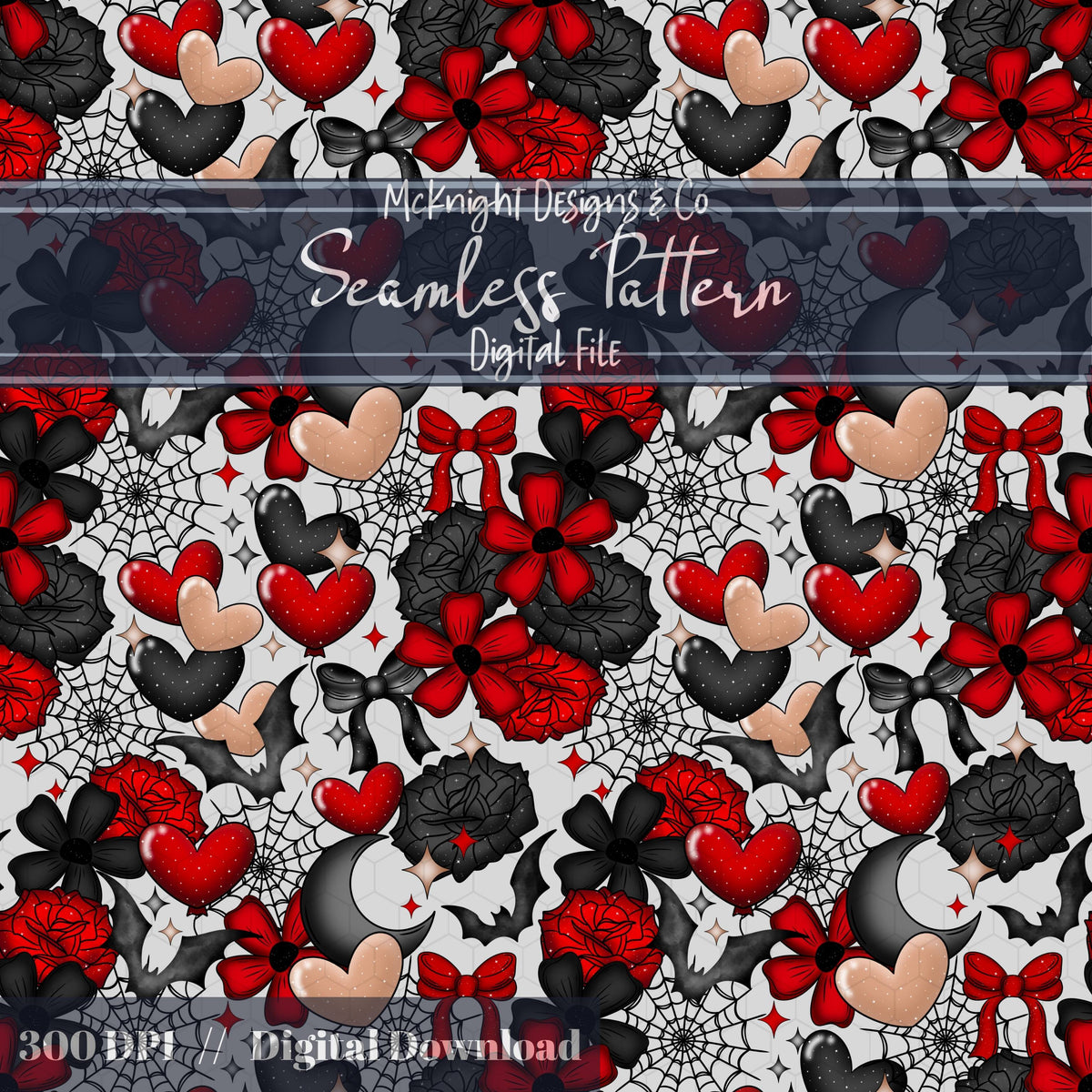 Dark Spooky Romance Seamless Pattern – Goth Coquette Hearts, Bats & Webs McKnight Designs & Co Seamless Pattern File
