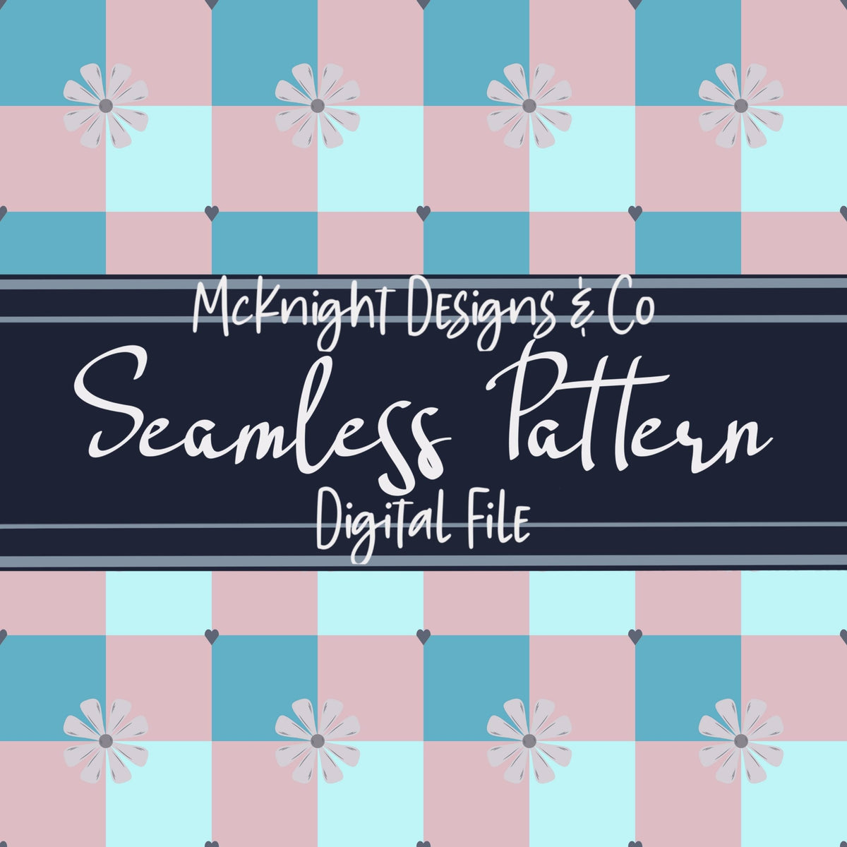 Retro Mod Checker Flower Seamless Pattern McKnight Designs & Co Seamless Pattern File Blush Aqua Teal