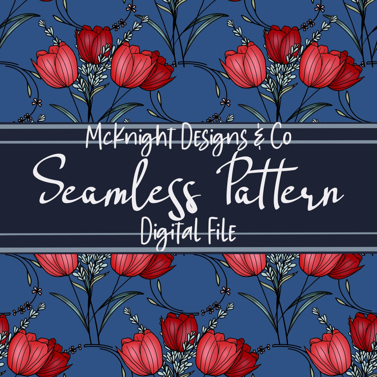 Scallop Tulips Seamless Pattern | Floral Spring Flower Design McKnight Designs & Co Seamless Pattern File Blue