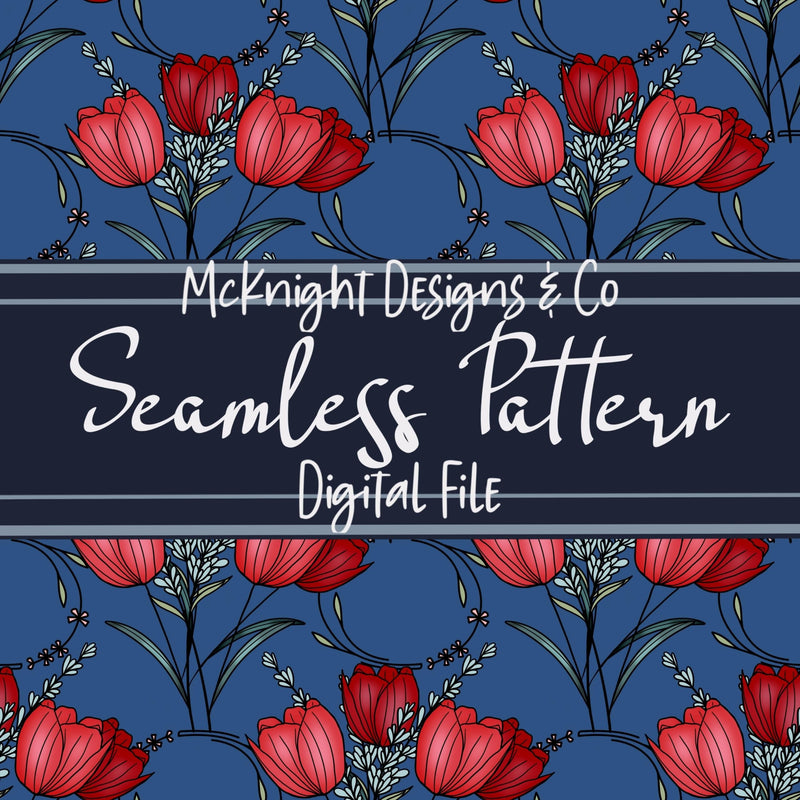 Scallop Tulips Seamless Pattern | Floral Spring Flower Design McKnight Designs & Co Seamless Pattern File Blue