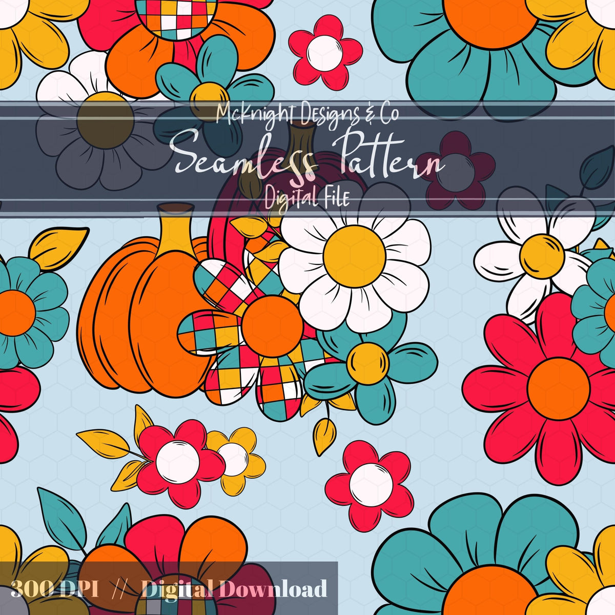 Disco Retro Floral Seamless Pattern Fall Flowers, Boho Print McKnight Designs & Co Seamless Pattern File
