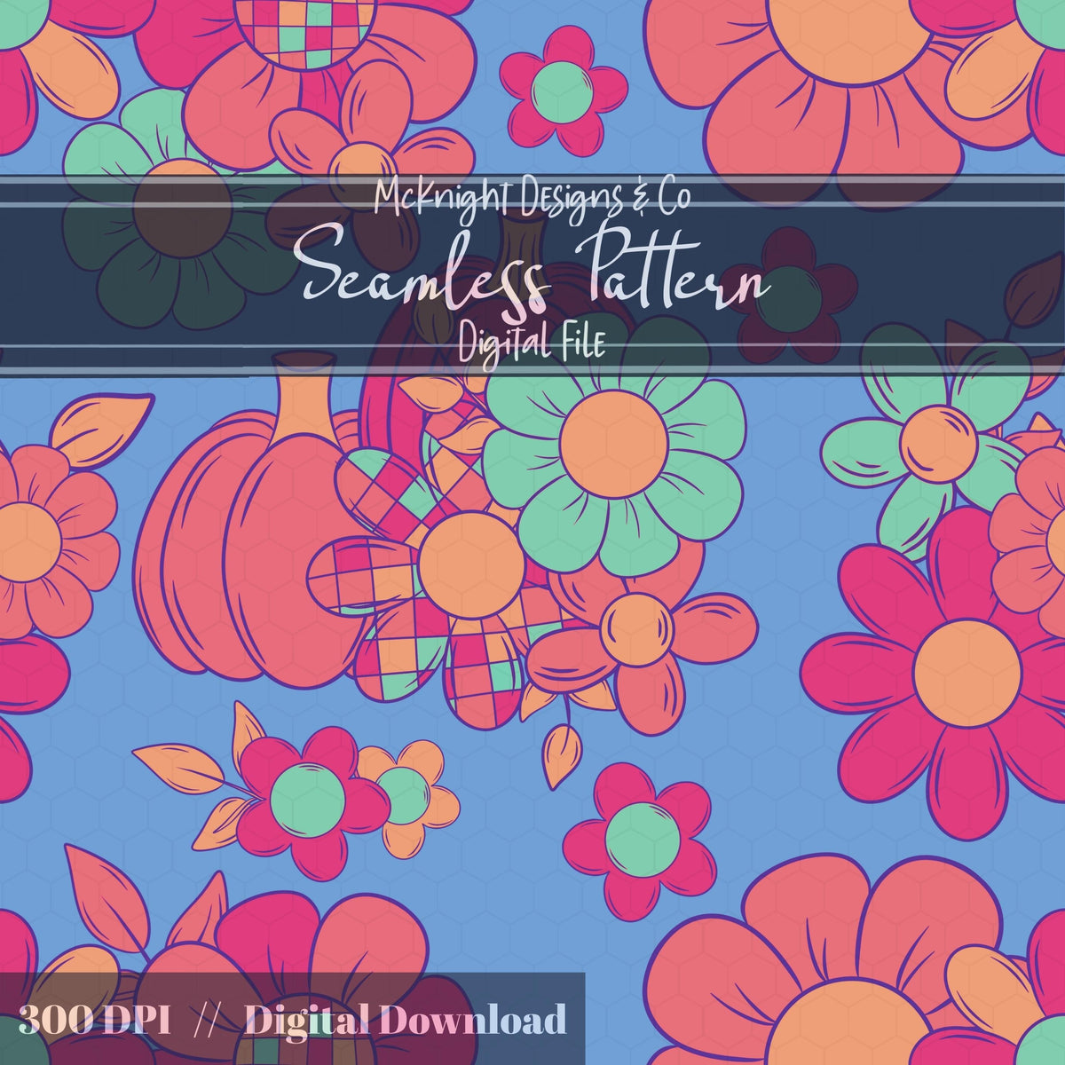 Disco Retro Floral Seamless Pattern Fall Flowers, Boho Print McKnight Designs & Co Seamless Pattern File