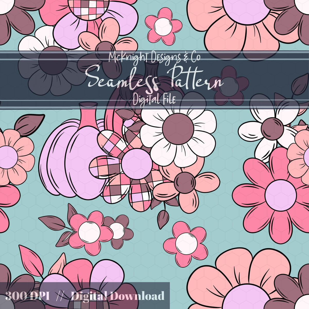 Disco Retro Floral Seamless Pattern Fall Flowers, Boho Print McKnight Designs & Co Seamless Pattern File