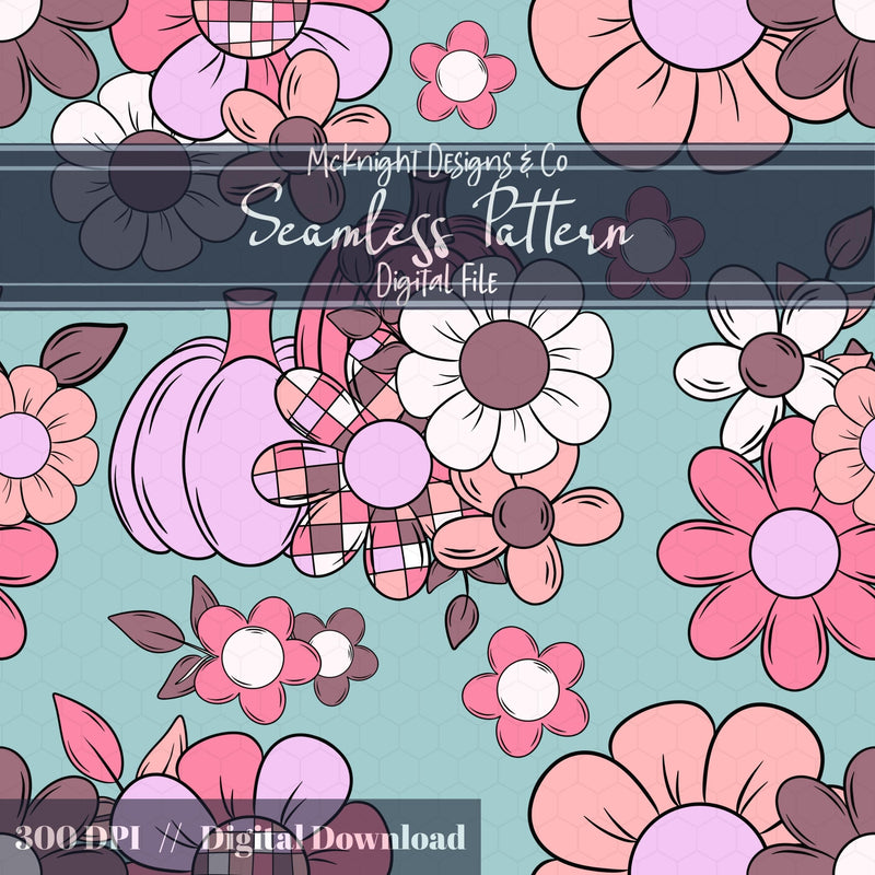 Disco Retro Floral Seamless Pattern Fall Flowers, Boho Print McKnight Designs & Co Seamless Pattern File