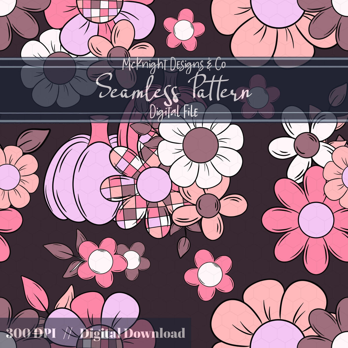 Disco Retro Floral Seamless Pattern Fall Flowers, Boho Print McKnight Designs & Co Seamless Pattern File