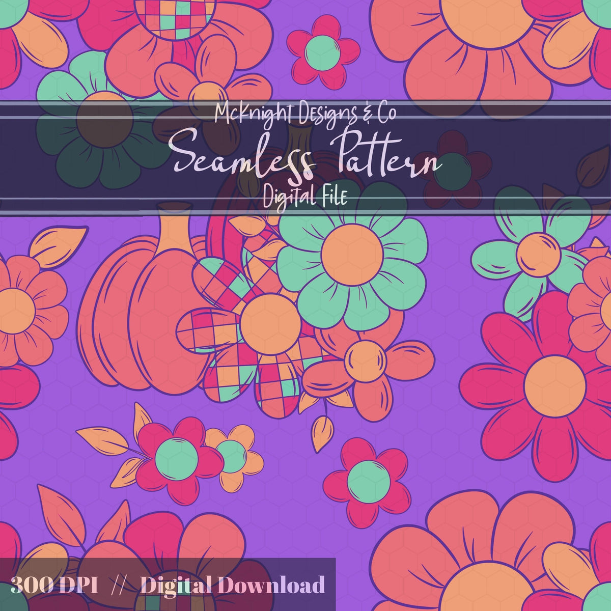 Disco Retro Floral Seamless Pattern Fall Flowers, Boho Print McKnight Designs & Co Seamless Pattern File