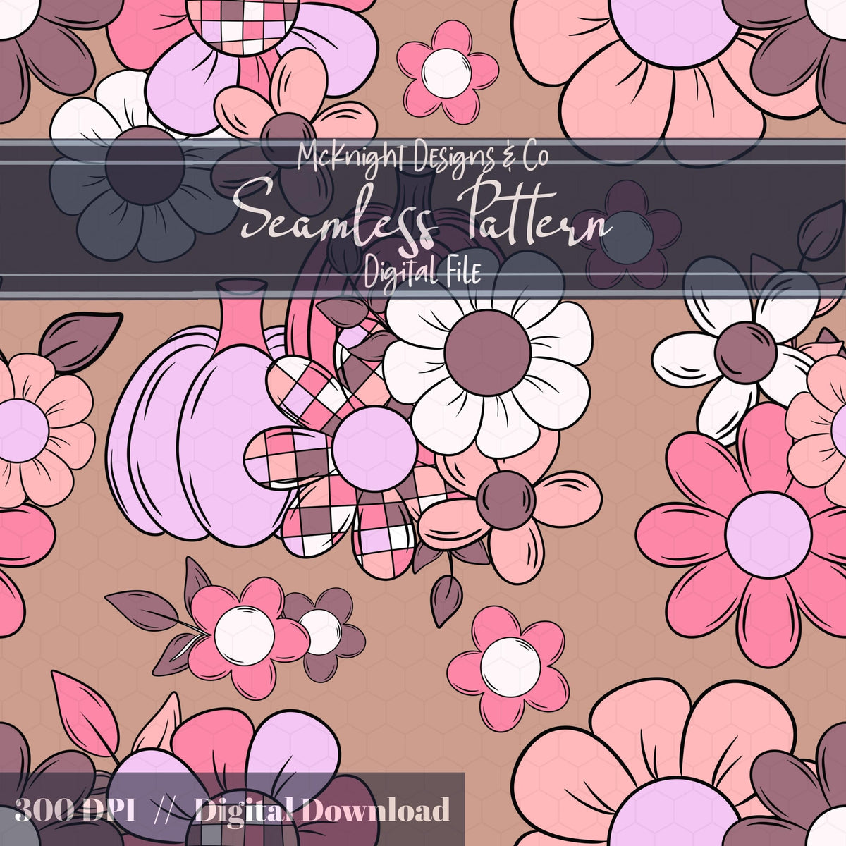 Disco Retro Floral Seamless Pattern Fall Flowers, Boho Print McKnight Designs & Co Seamless Pattern File