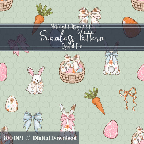 Easter Bunny Seamless Pattern | Spring Egg Hunt Bunnies, Bows & Carrots | Pastel Easter McKnight Designs & Co Seamless Pattern File
