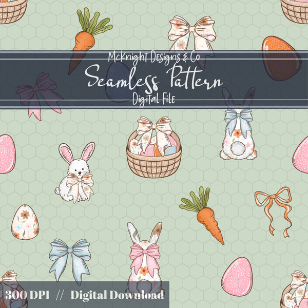 Easter Bunny Seamless Pattern | Spring Egg Hunt Bunnies, Bows & Carrots | Pastel Easter McKnight Designs & Co Seamless Pattern File
