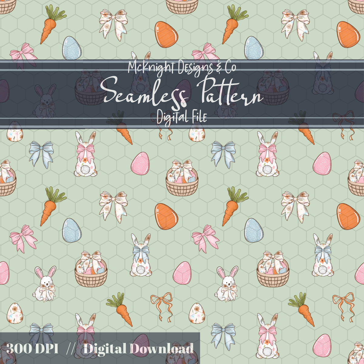 Easter Bunny Seamless Pattern | Spring Egg Hunt Bunnies, Bows & Carrots | Pastel Easter McKnight Designs & Co Seamless Pattern File