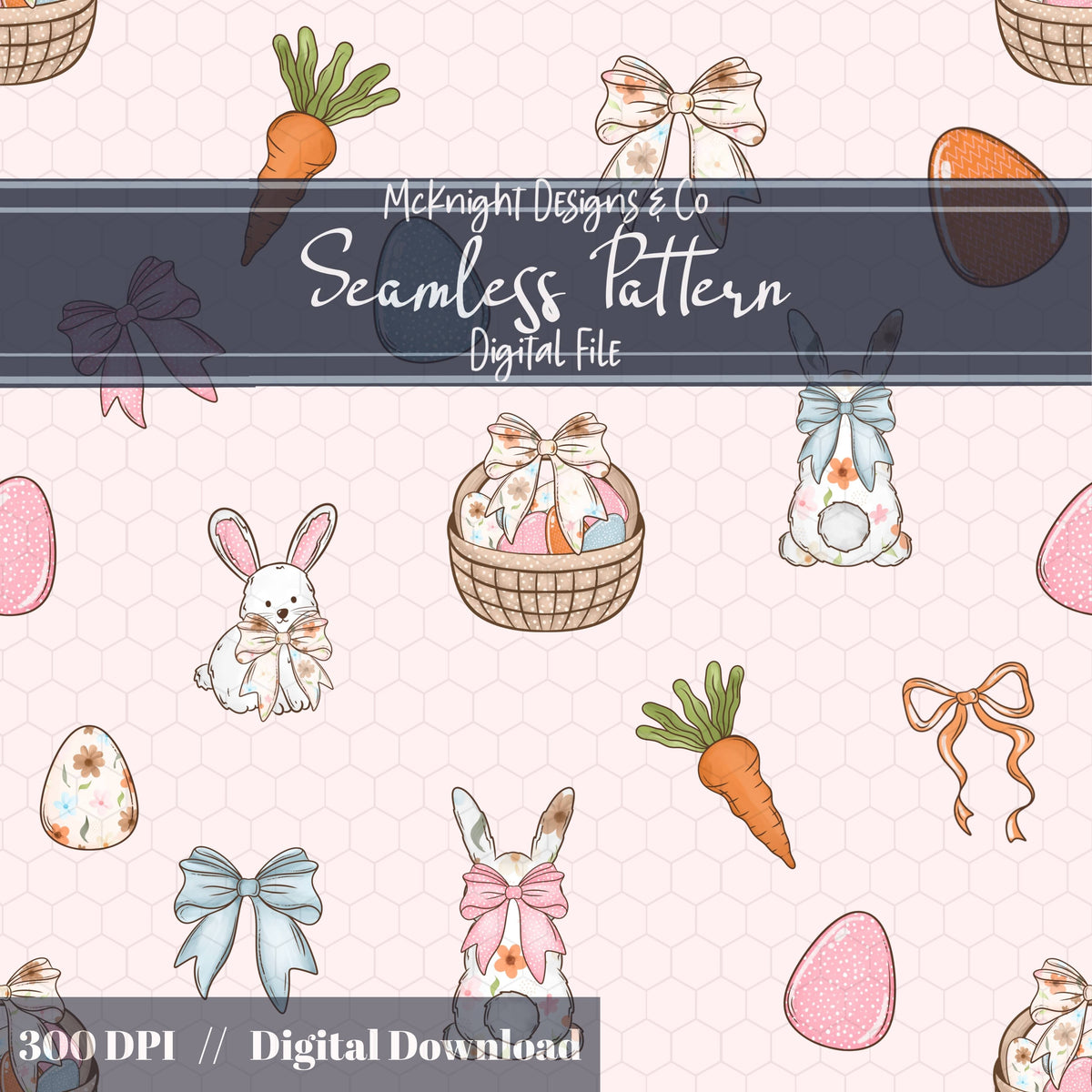 Easter Bunny Seamless Pattern | Spring Egg Hunt Bunnies, Bows & Carrots | Pastel Easter McKnight Designs & Co Seamless Pattern File