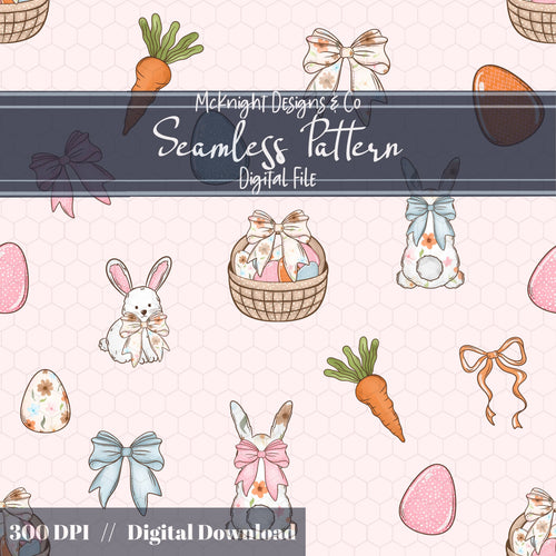 Easter Bunny Seamless Pattern | Spring Egg Hunt Bunnies, Bows & Carrots | Pastel Easter McKnight Designs & Co Seamless Pattern File