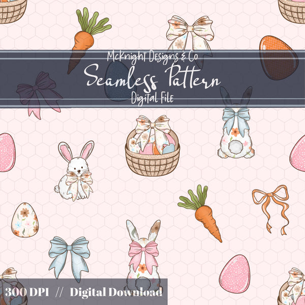 Easter Bunny Seamless Pattern | Spring Egg Hunt Bunnies, Bows & Carrots | Pastel Easter McKnight Designs & Co Seamless Pattern File