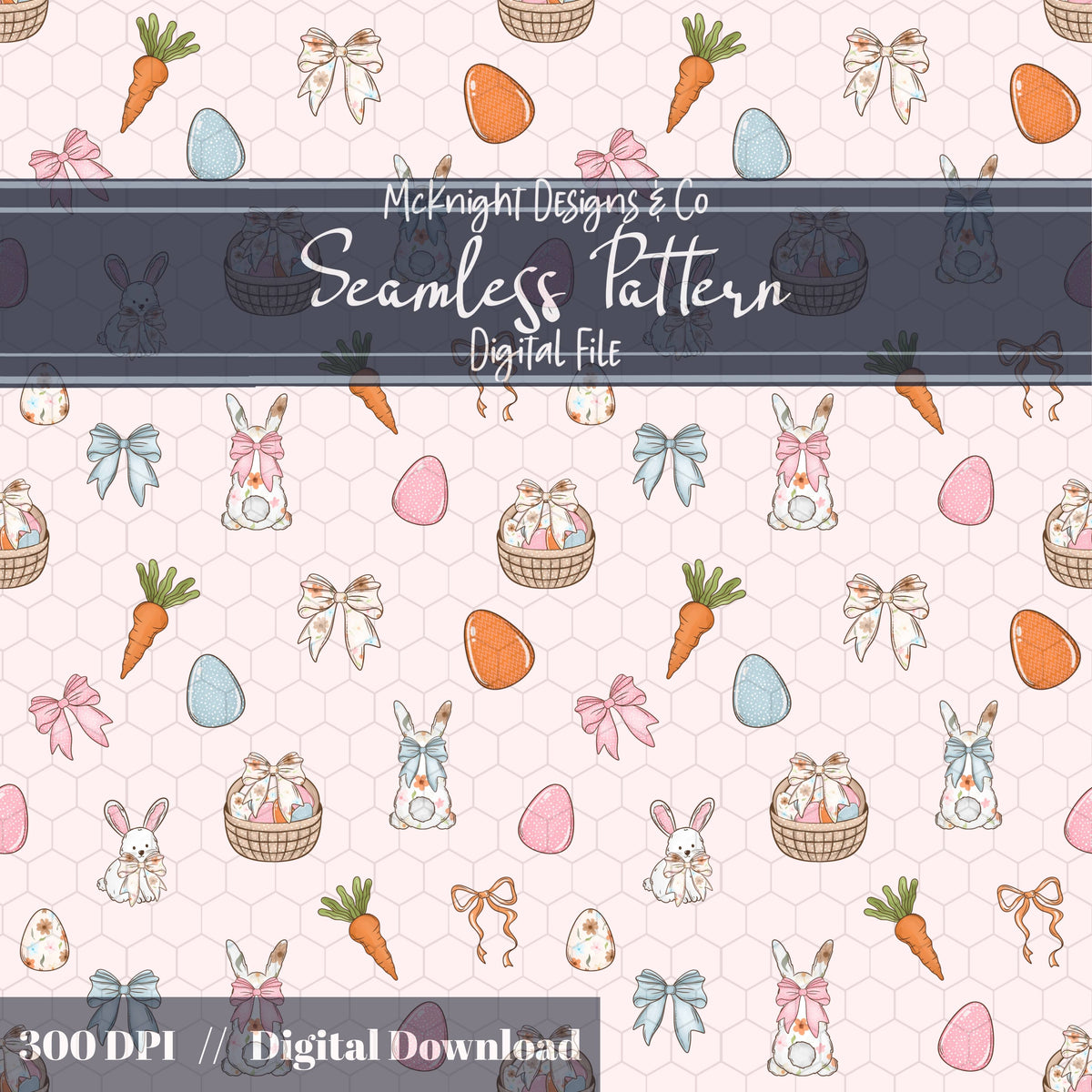 Easter Bunny Seamless Pattern | Spring Egg Hunt Bunnies, Bows & Carrots | Pastel Easter McKnight Designs & Co Seamless Pattern File