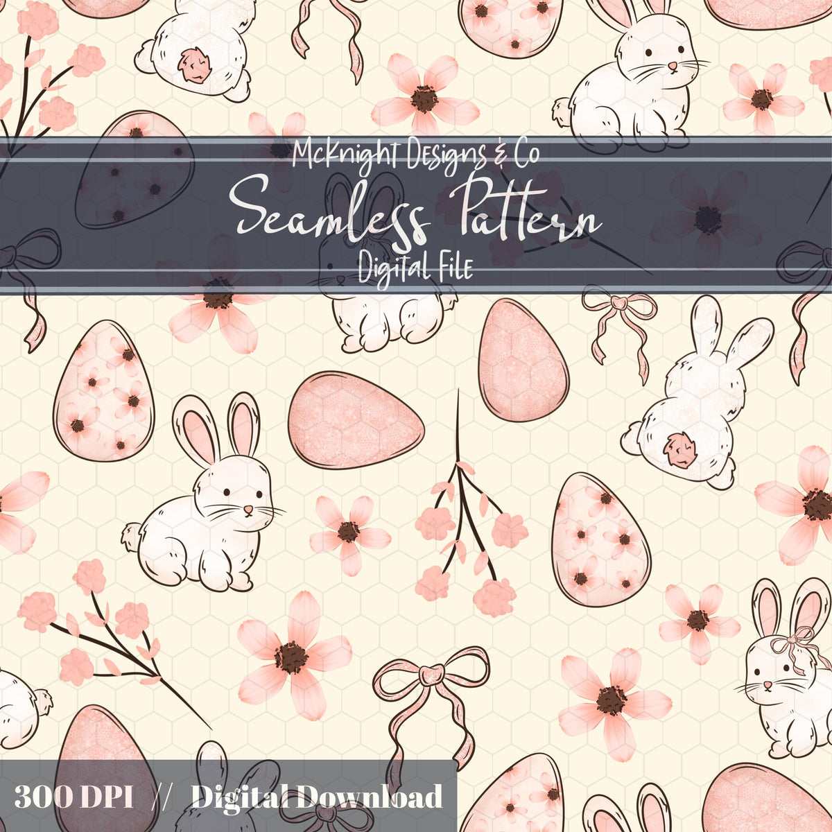 Easter Bunny Seamless Pattern PNG – Spring Florals, Easter Eggs & Bows
