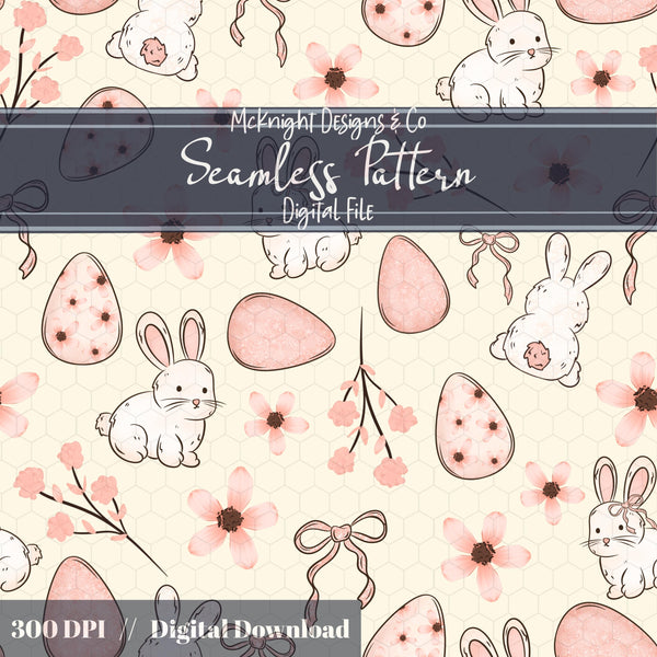 Easter Bunny Seamless Pattern PNG – Spring Florals, Easter Eggs & Bows