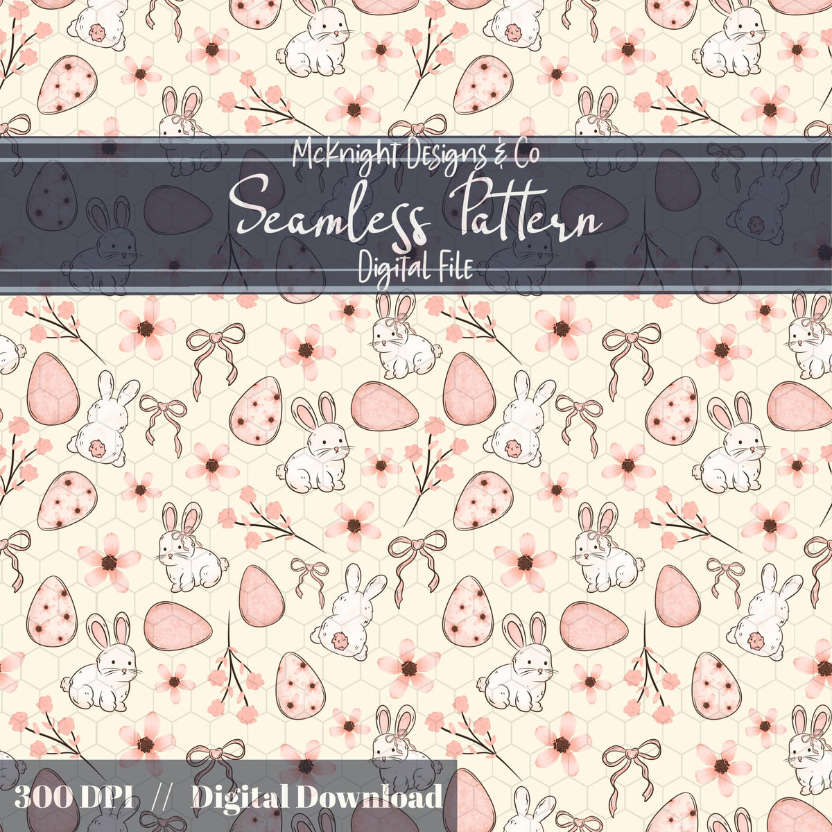 Easter Bunny Seamless Pattern PNG – Spring Florals, Easter Eggs & Bows