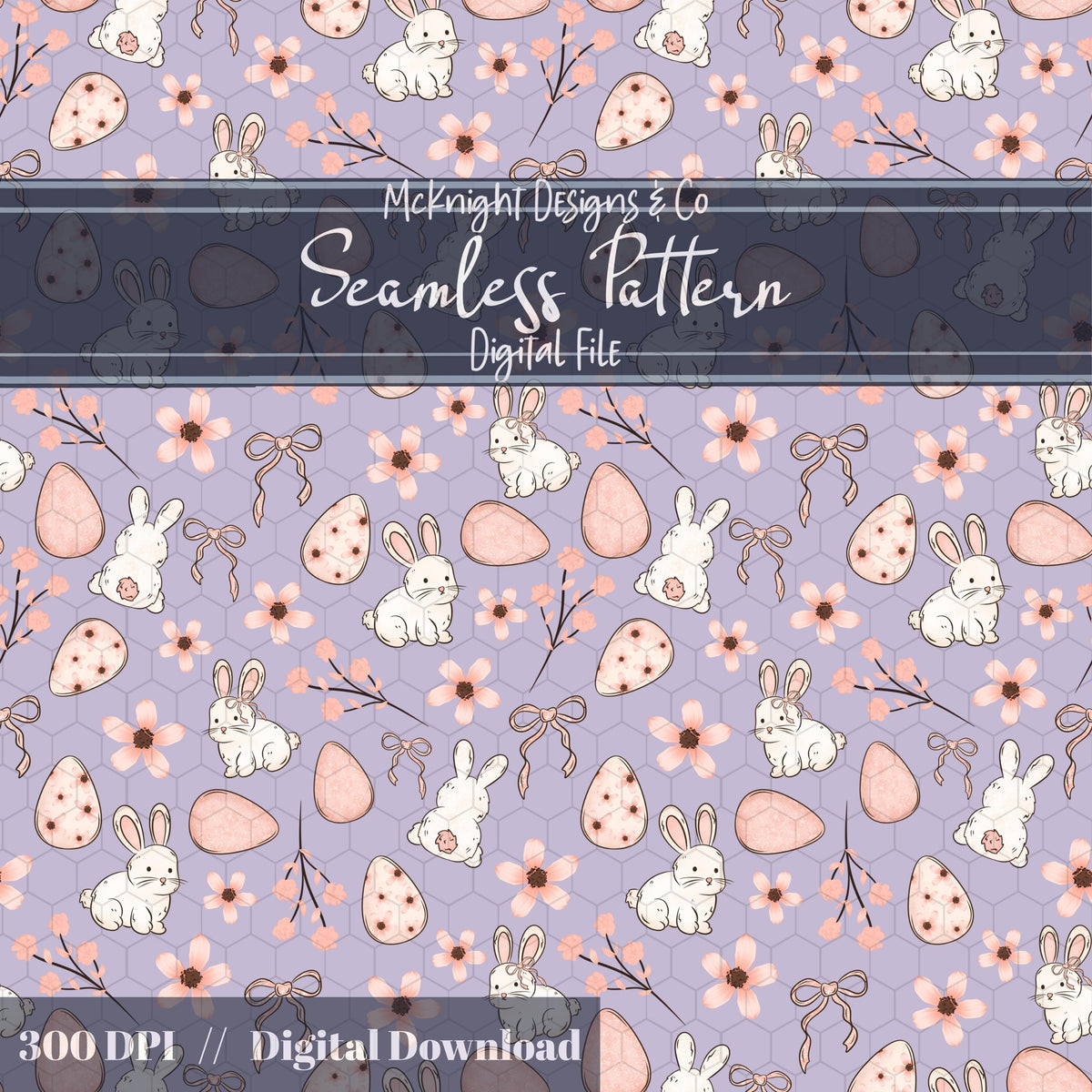 Easter Bunny Seamless Pattern PNG – Spring Florals, Easter Eggs & Bows