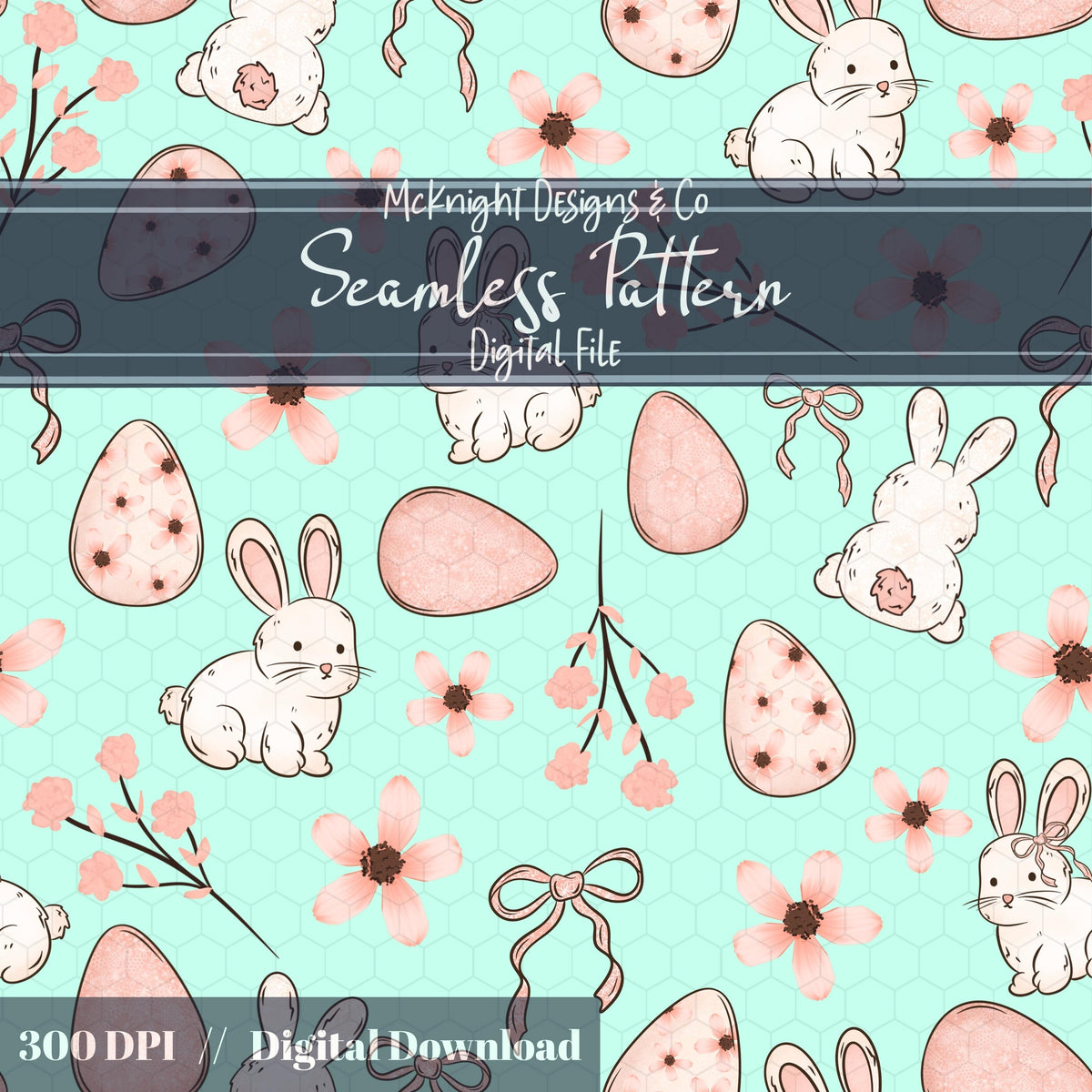 Easter Bunny Seamless Pattern PNG – Spring Florals, Easter Eggs & Bows