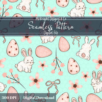 Easter Bunny Seamless Pattern PNG – Spring Florals, Easter Eggs & Bows