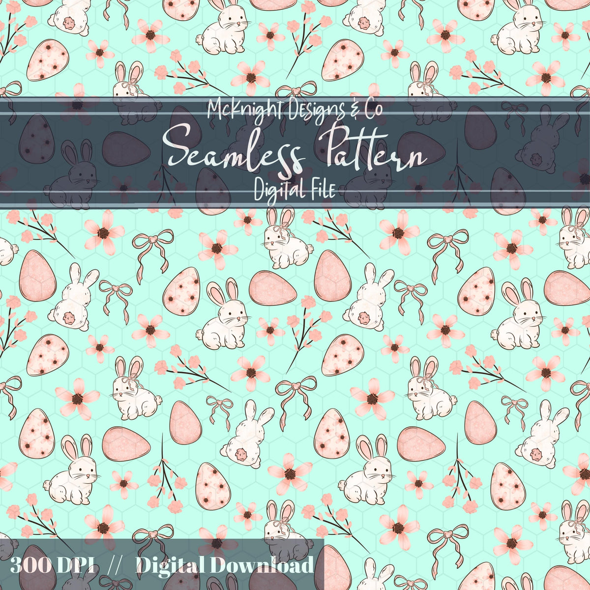 Easter Bunny Seamless Pattern PNG – Spring Florals, Easter Eggs & Bows