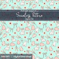 Easter Bunny Seamless Pattern PNG – Spring Florals, Easter Eggs & Bows