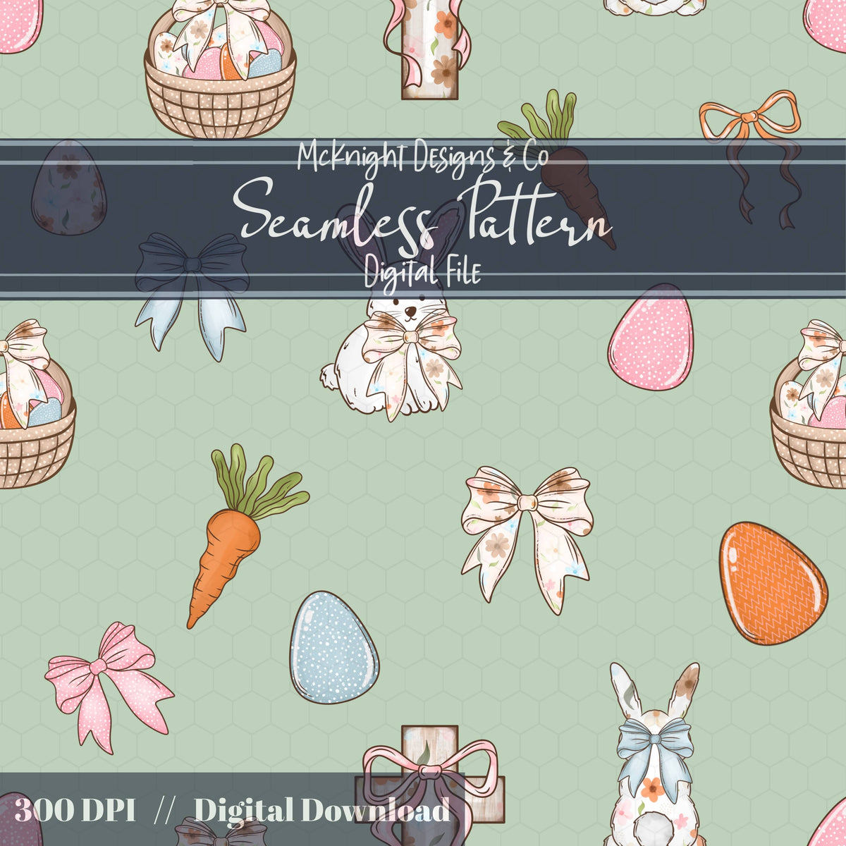 Easter Christian Seamless Pattern – Cross & Bunny Pastel Spring Design – Digital Download McKnight Designs & Co Seamless Pattern File