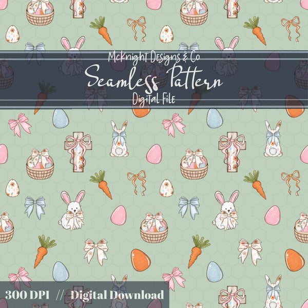 Easter Christian Seamless Pattern – Cross & Bunny Pastel Spring Design – Digital Download McKnight Designs & Co Seamless Pattern File