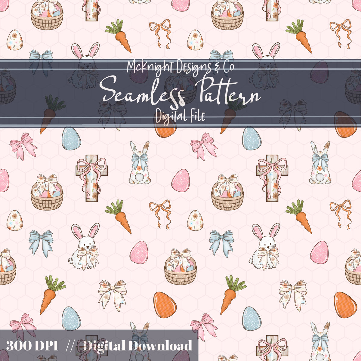 Easter Christian Seamless Pattern – Cross & Bunny Pastel Spring Design – Digital Download McKnight Designs & Co Seamless Pattern File