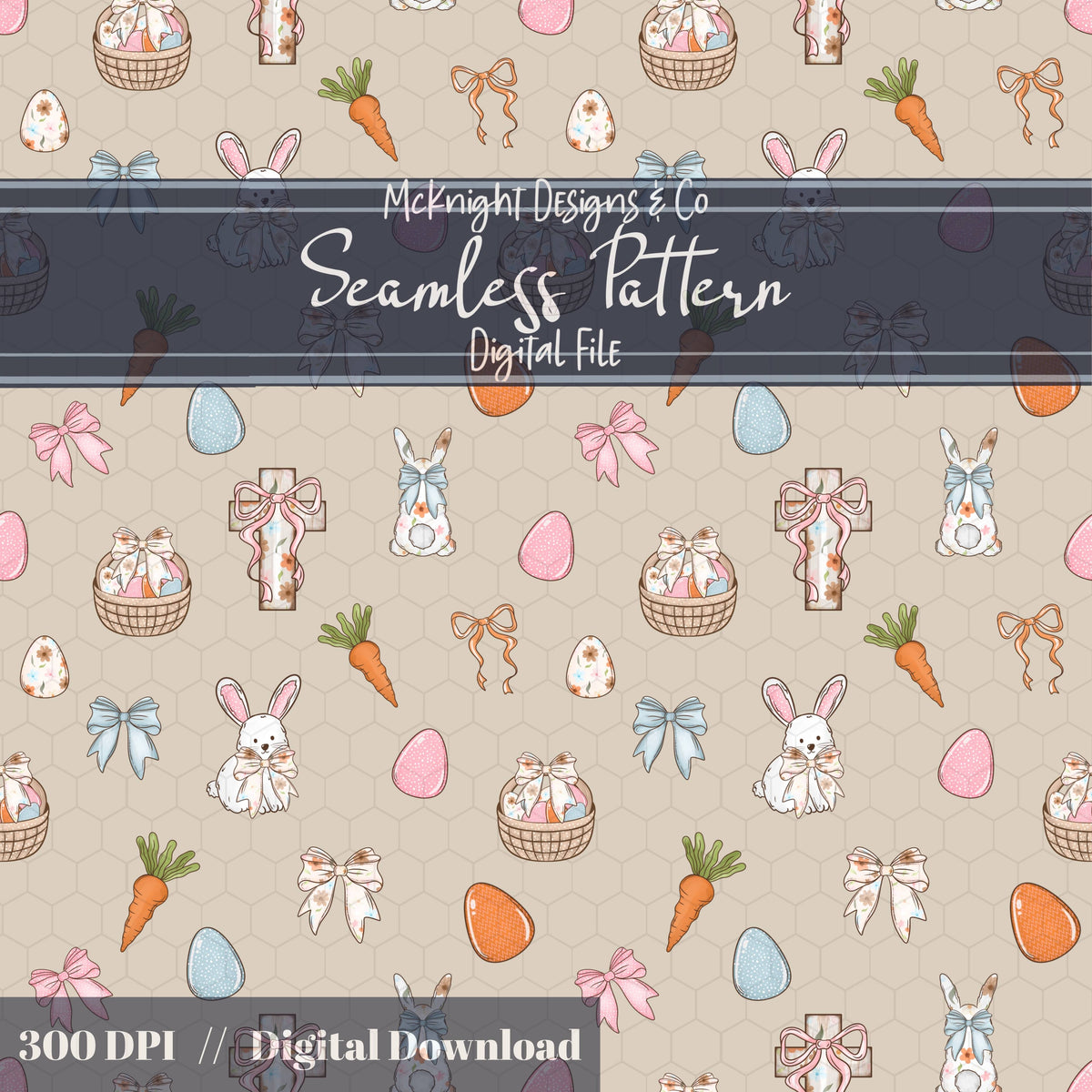 Easter Christian Seamless Pattern – Cross & Bunny Pastel Spring Design – Digital Download McKnight Designs & Co Seamless Pattern File