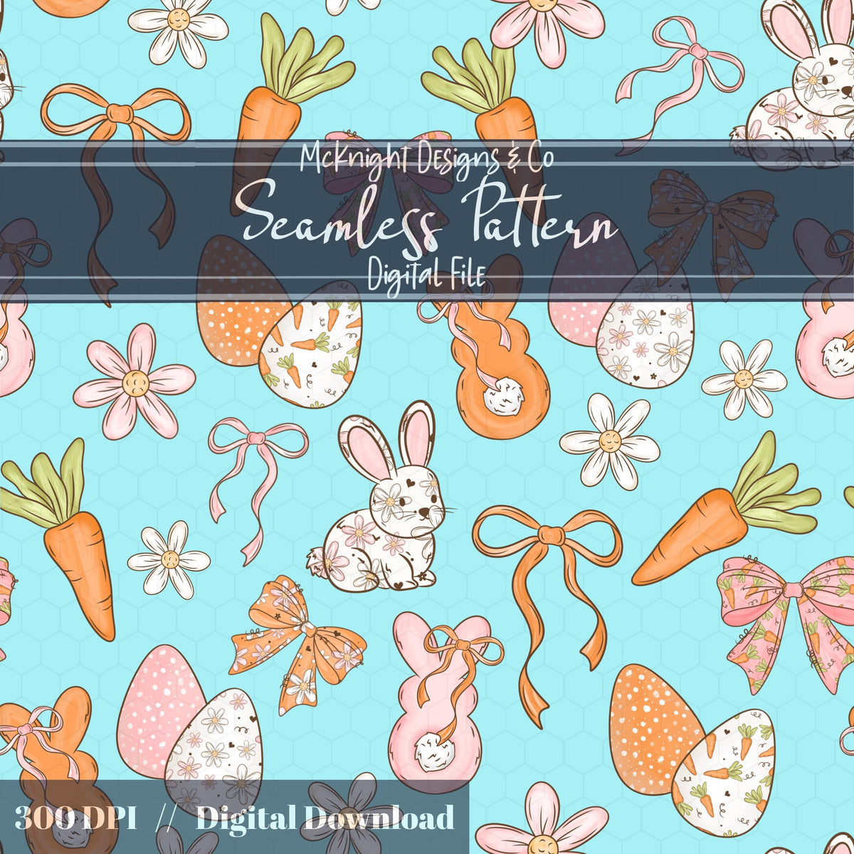 Easter Bunny Seamless Pattern PNG – Spring Carrots, Bows & Floral Eggs