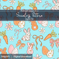 Easter Bunny Seamless Pattern PNG – Spring Carrots, Bows & Floral Eggs