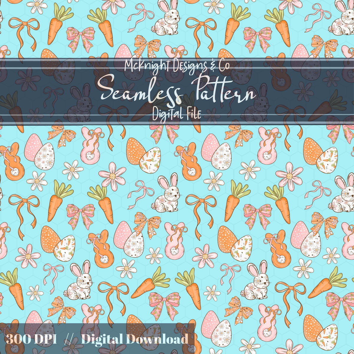 Easter Bunny Seamless Pattern PNG – Spring Carrots, Bows & Floral Eggs