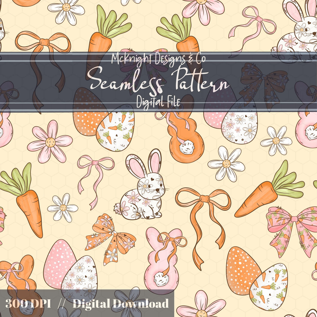 Easter Bunny Seamless Pattern PNG – Spring Carrots, Bows & Floral Eggs