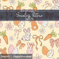 Easter Bunny Seamless Pattern PNG – Spring Carrots, Bows & Floral Eggs