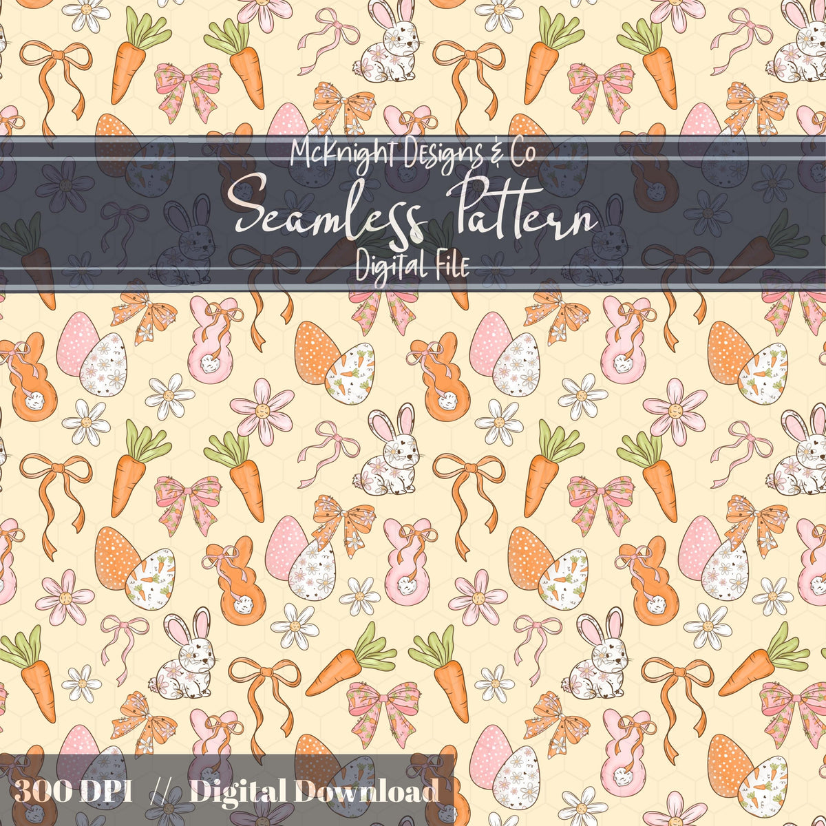Easter Bunny Seamless Pattern PNG – Spring Carrots, Bows & Floral Eggs
